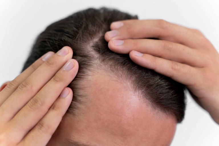 Men shows his hair loss