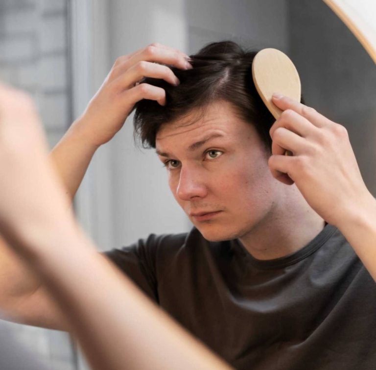 Young man checks his hair in the mirror.