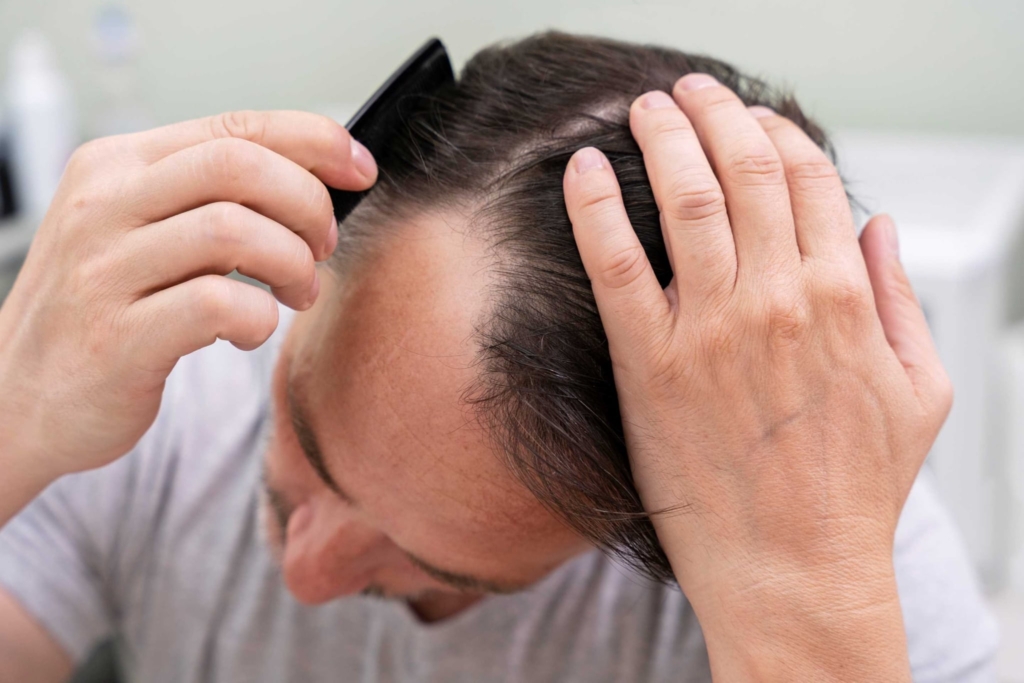 Men with hair loss brushes his hair.