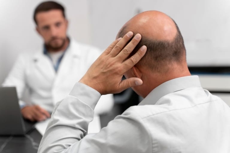 Man with bald head at the doctor
